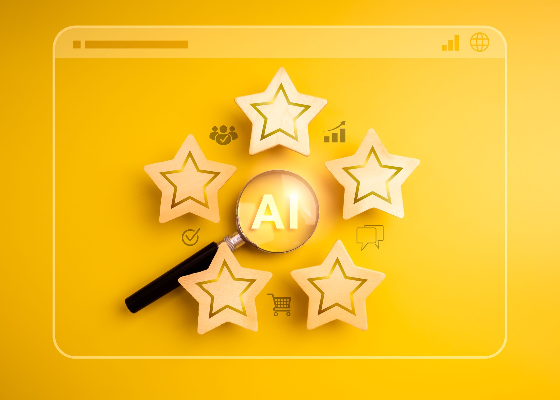 Artificial intelligence customer feedback analysis concept. AI in magnifying glass, surrounded with five stars rating and business marketing icons on satisfaction website page, yellow background.