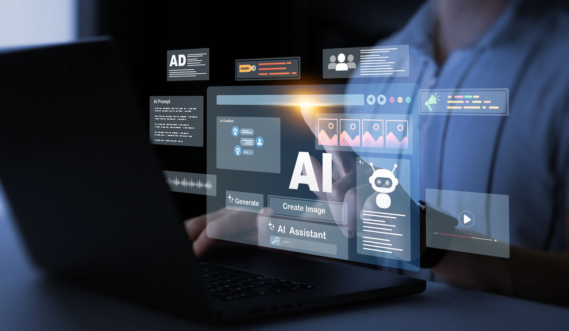 Interaction with the Ai assistant to solve some tasks more easily. Image generator, documents, marketing and advertising, bot writing and coding.Person using laptop with Ai Content Generator.