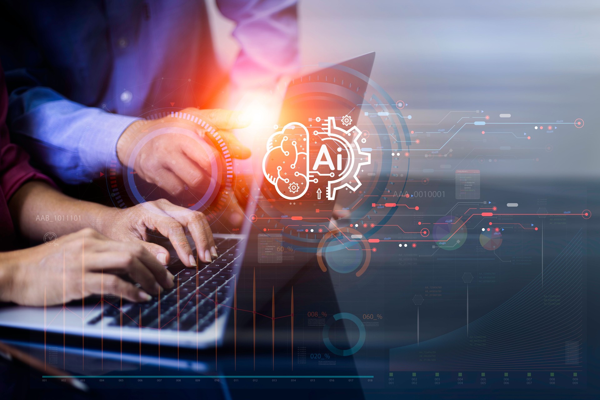 Business people hands holding touching ai icon in global networks. With AI (artificial intelligence) and global information exchange, AI technology is essential for business future digital world.